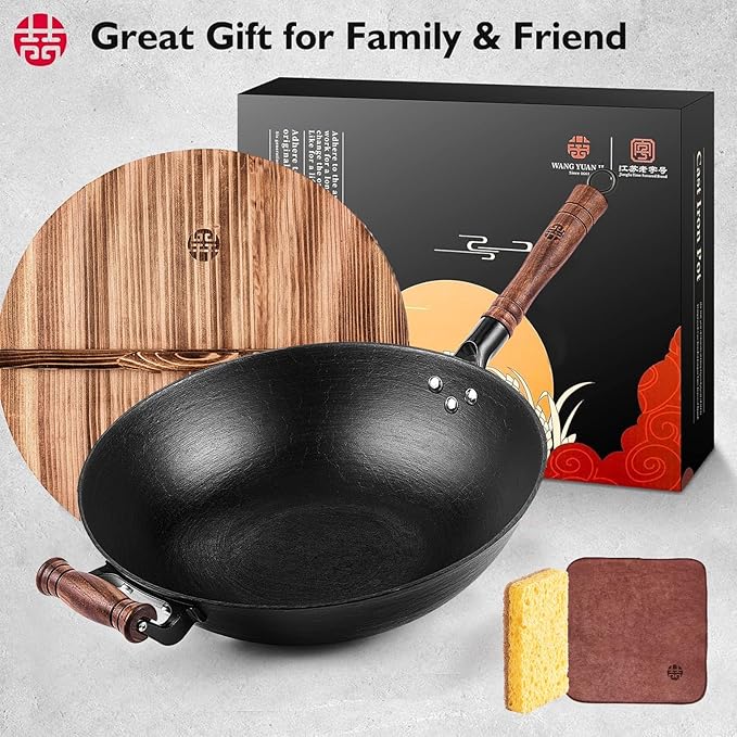 WANGYUANJI Cast Iron Pot,13.4 inch Craft Wok Chinese Wok,Flat Bottom Iron Woks with Lid,Fry Pan Suitable for Induction, Electric, Gas, Halogen All Stoves-Black