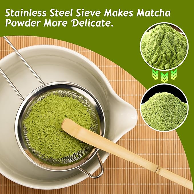 Matcha Tea Set 7 Pcs,Japanese Ceramic Bowl,Bamboo Matcha Whisk (Chasen), Scoop (Chashaku),Stainless Steel Sifter,Whisk Holder (white),Tea Towel