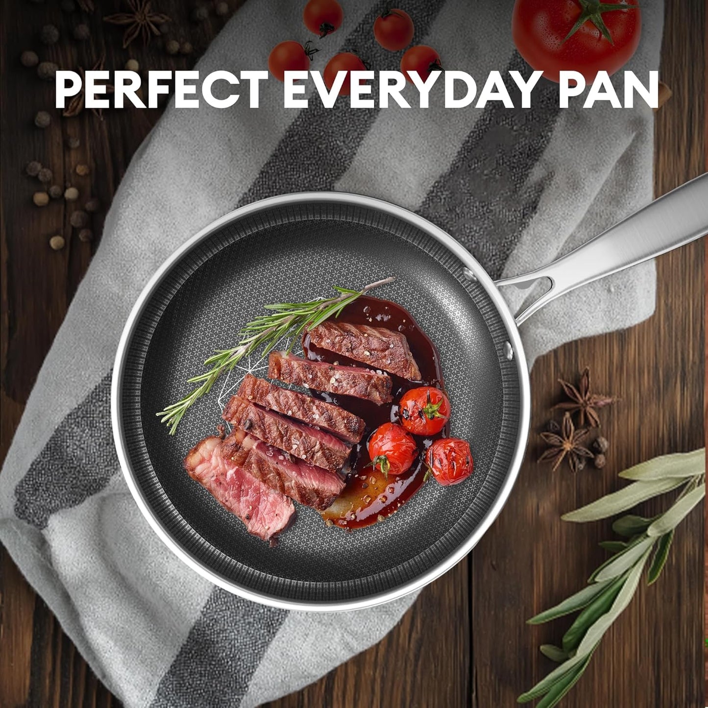 COOKING KING 10-Inch Stainless Steel Pan, Hybrid Nonstick Frying Pan, Skillet, 3-Ply Clad Cookware, Even Heat Distribution, Dishwasher & Oven Safe, with Stay-Cool Handle, Induction Compatible