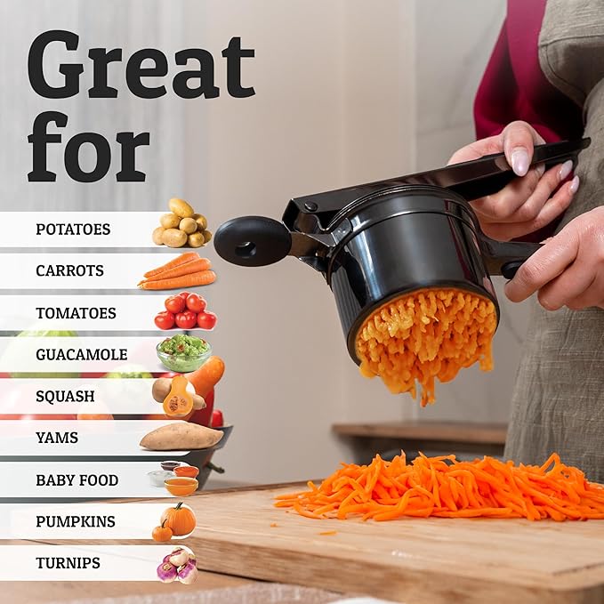 PriorityChef Large 15oz Potato Ricer, Heavy Duty Stainless Steel Potato Masher and Ricer Kitchen Tool, Press and Mash Kitchen Gadget For Perfect Mashed Potatoes - Everytime, All Black