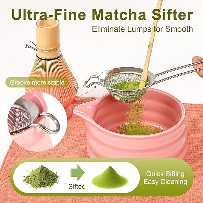 Matcha Whisk Set, 7Pcs Matcha Set - 18oz Matcha Bowl with Spout, Bamboo Matcha whisk & Ceramic Holder, Sifter/Scoop/Stand/Towel, Matcha Kit for Tea Lovers, Ideal Gift Set (Pink)