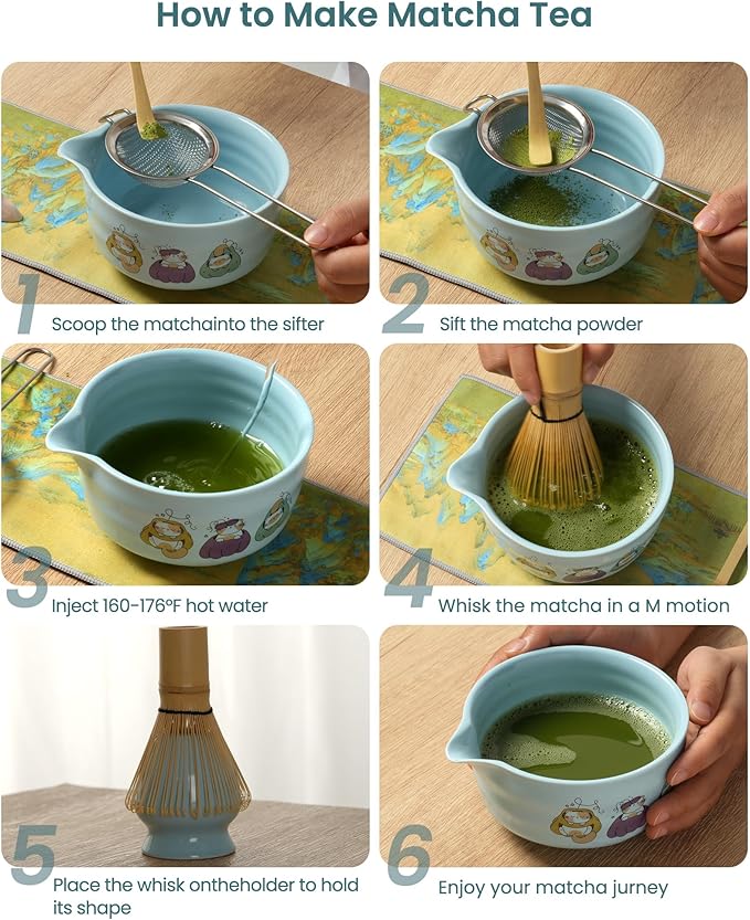 Matcha Whisk Set 7 Pcs Ceramic Matcha Kit with Bowl,Bamboo Whisk & Holder,Scoop,Rest,Stainless Steel Sifter,Tea Towel–Traditional Japanese Tea Ceremony Tools Set(Blue)