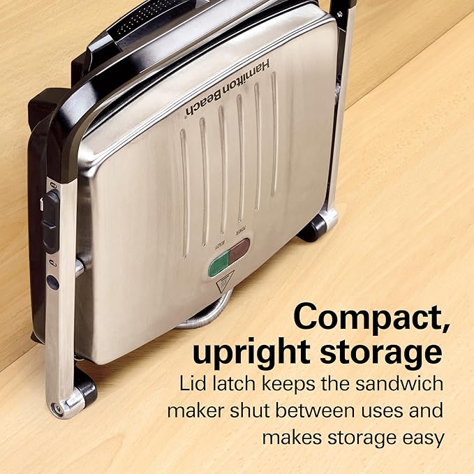 Hamilton Beach Panini Press, Sandwich Maker & Electric Indoor Grill, Upright Storage, Nonstick Easy Clean Grids, Stainless Steel (25410)