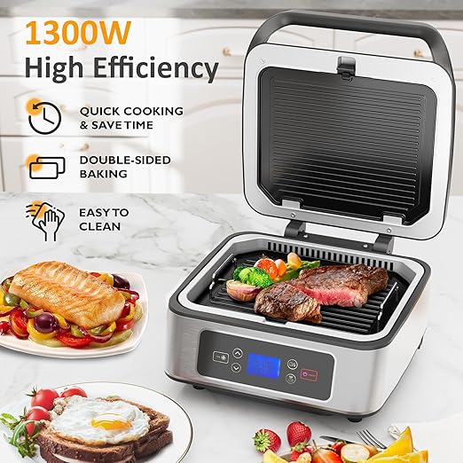 Electric Panini Press Sandwich Maker, 1300W Smokeless Indoor Grill with Removable Non-Stick Plates, Fan, Auto-Lift, Independent Upper Heating, Smart Time & Temperature Control, Silver