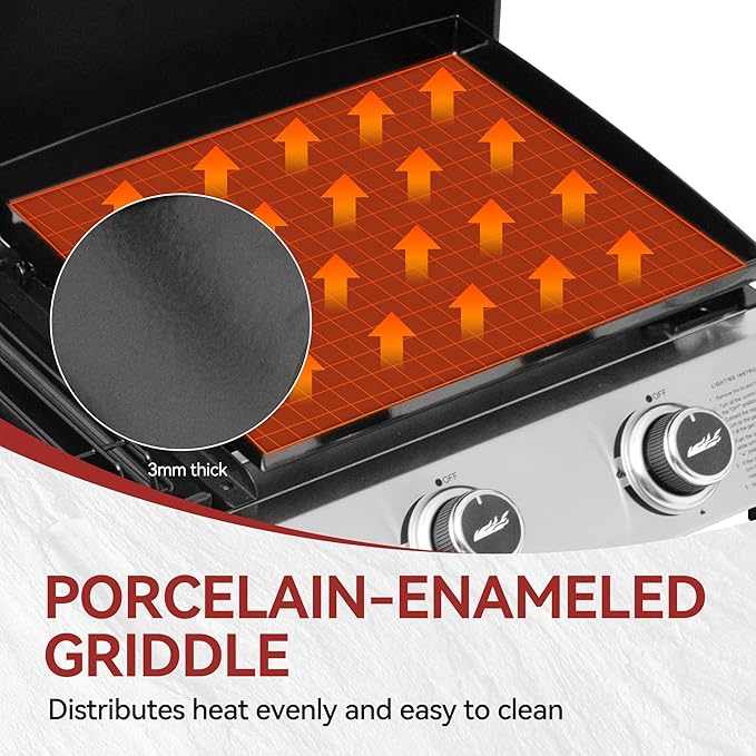 3-Burner Portable Propane Gas Griddle with Side Burner, 3-in-1 Grill and Griddle Combo with Lid, Outdoor Cooking, 29,000 BTU, Silver, PD1305H-SC