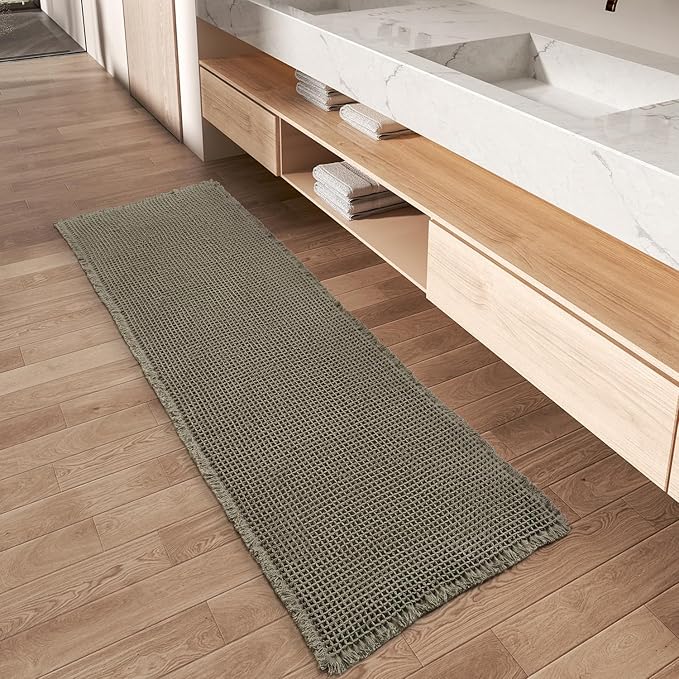 Upgraded Waffle Runner Rug Super Absorbent Non Slip Bath Mats for Bathroom Floor, Machine Washable Bathroom Runner Rug with Tassels, Ideal for Hallway Bedroom Laundry Room, Green, 2' x 5'(24" x 60")
