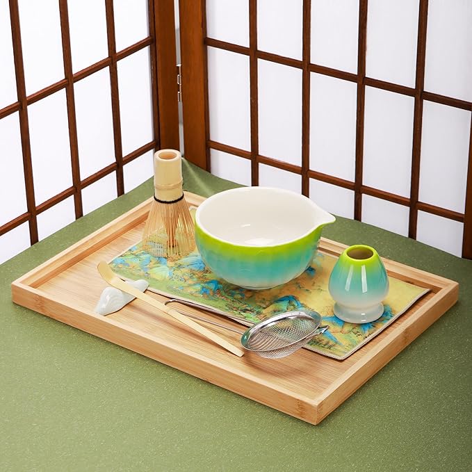 Matcha Tea Set 7 Pcs,Japanese Ceramic Bowl,Bamboo Matcha Whisk (Chasen), Scoop (Chashaku),Stainless Steel Sifter,Whisk Holder (yellow blue),Tea Towel