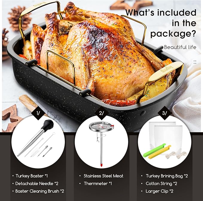 Turkey Roasting Pan, 17x13 Inch Nonstick Roaster with Removable Rack, Turkey Baster, Meat Thermometer, Turkey Brine Bags, Roaster Pan for Roasting Turkey, Meat & Vegetables (Black&Gold)