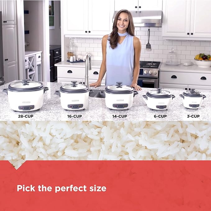 BLACK+DECKER 16-Cup Rice Cooker, 8-Cup Uncooked Rice, Steaming Basket, Removable Non-Stick Bowl, One Touch, Keep Warm
