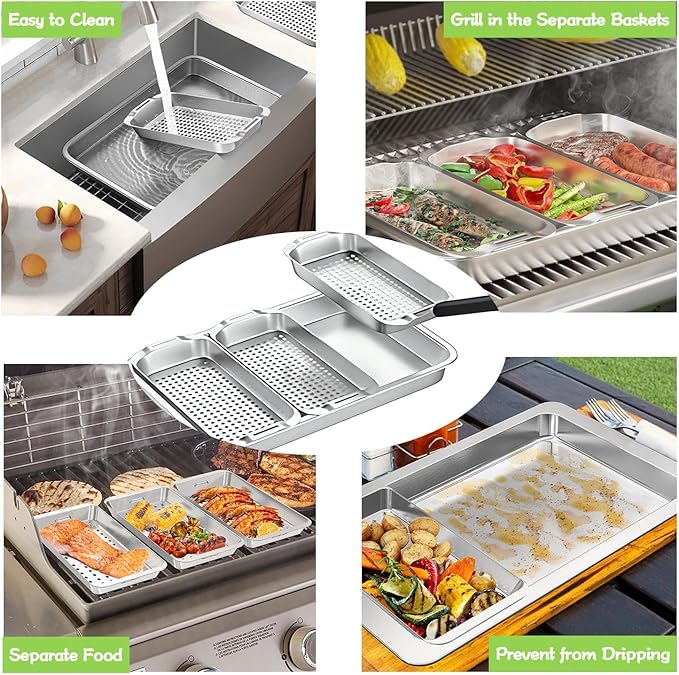 Grill Pans for Outdoor Grill-3 Grilling Baskets|Serving Tray| Clip-on Handle.BBQ Serving Platters with Holes for Grill Fish,Vegetable,Meat and Prep Food Veggie