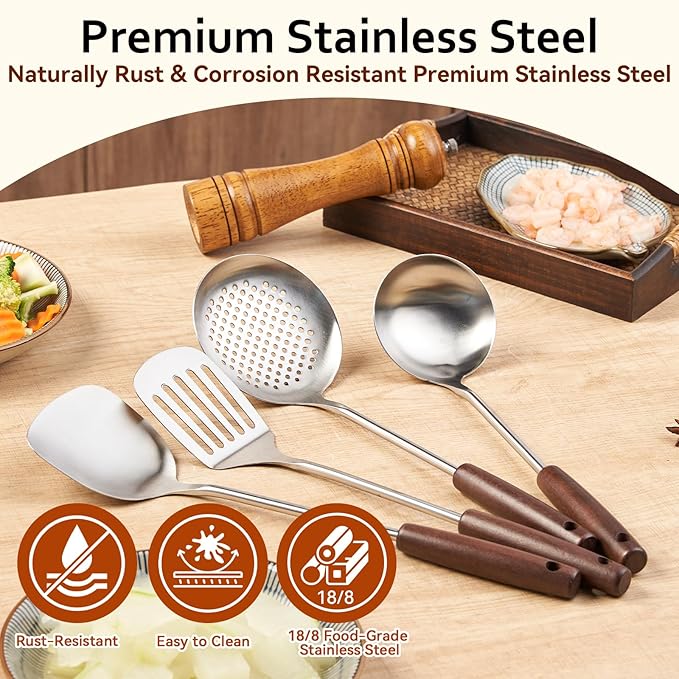 Stainless Steel Cooking Utensils Set, 4 PCS Kitchen Utensils Set with Wooden Handles, Heat Resistant Cooking Tools for Solid & Slotted Turner Wok Spatula, Soup Ladle, Slotted Spoon
