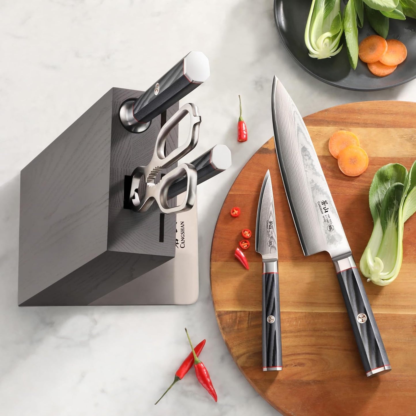 Cangshan YARI Series HUA Knife Block Set, X-7 Damascus Steel, Ash Wood Block (6-Piece)