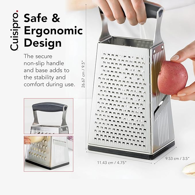 Cuisipro Stainless Steel Cheese Grater with Handle, 4 Sided Box Grater for Kitchen, Ginger Grater Dishwasher Safe, Fruit and Vegetables Slicer, Cheese Shredder for Potato, Chocolate, Parmesan, Ginger