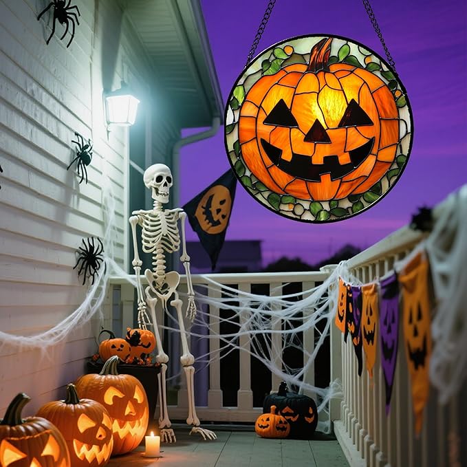 Stained Glass Window Hanging, Halloween Decorations Evil Pumpkin Suncatcher for Doors Garden Indoor Spooky Funny Orange Sun Catchers Gothic Decor Horror Gifts for Women Men Friend 11.8 in