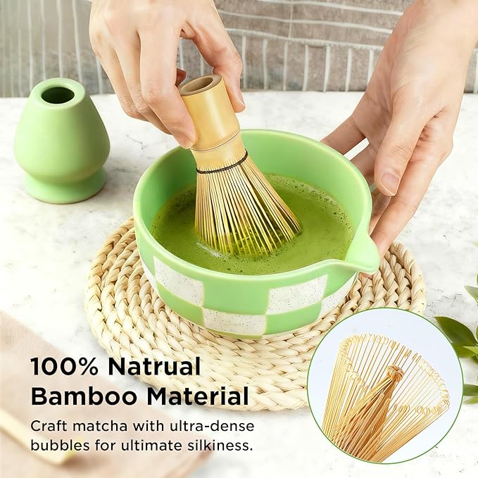 Matcha Whisk Set Gift Box - Matcha Set with Whisk and Bowl, 7 Pcs Matcha Kit Includes Ceramic Matcha Bowl, Bamboo Whisk & Holder, Scoop & Rest, Sifter and Tea Towel, Complete Matcha Making Kit, Green