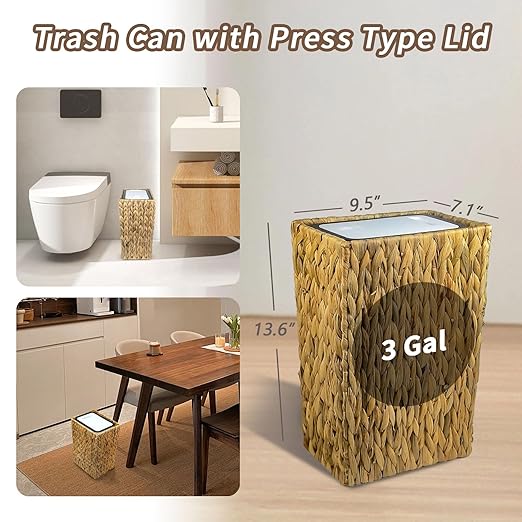 NAIJUTE Wicker Trash Can,3 Gallon Wicker Waste Basket,Boho Handwoven Trash Can with Lid for Kitchen Bathroom Office