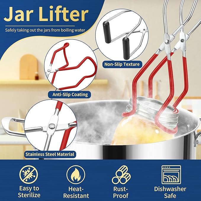 Canning Jar Lifter Tongs with Jar Lid Lifter Magnetic Lid Lifter,Canning Bubble Popper Bubble Remover and Canning Labels for Canning Supplies Starter Kit,4Pcs Canning Tools-Red