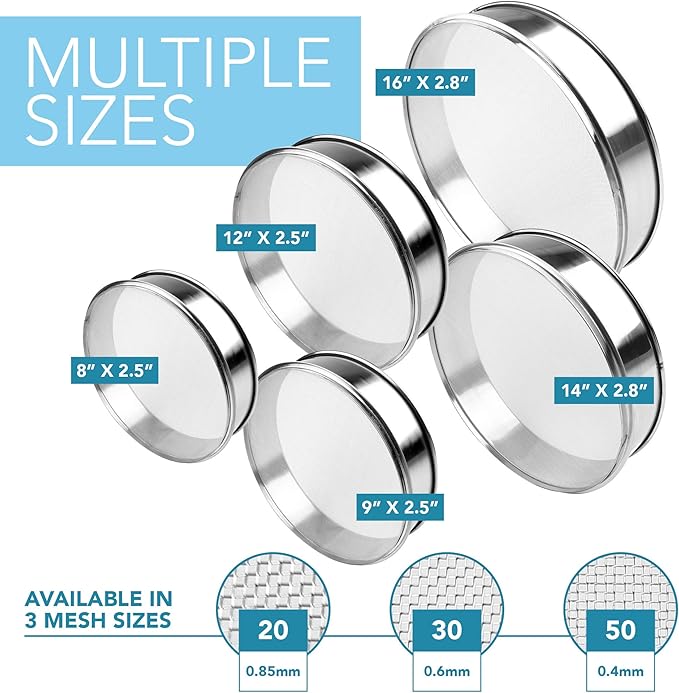 Stainless Steel Flour Sifter Fine Mesh Round Flour Sieve for Baking 8" Diameter x 2.5" High; 30 Mesh (Hole Size 0.6mm)