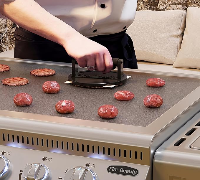 Fire Beauty Burger Press,Cast Iron 6.5" Enamel Surface Grill Press with Wood Handle,Food-Grade Smash Burger Press for Seared Bacon,Steak&Burger