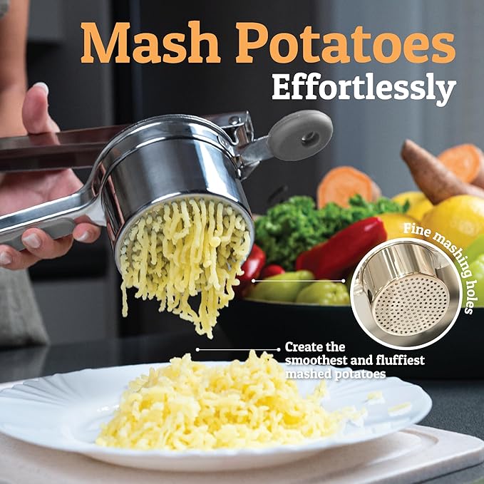 PriorityChef Large 15oz Potato Ricer, Heavy Duty Stainless Steel Potato Masher and Ricer Kitchen Tool, Press and Mash Kitchen Gadget For Perfect Mashed Potatoes - Everytime, Grey