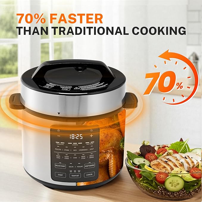 Simple Deluxe Electric Pressure Cooker, Non-Stick 12-in-1 & 6QT Stainless Steel Multi Cooker for Slow Cook, Meat Stew, Cake, Porridge, Multigrain, Dishwasher Safe, Silver