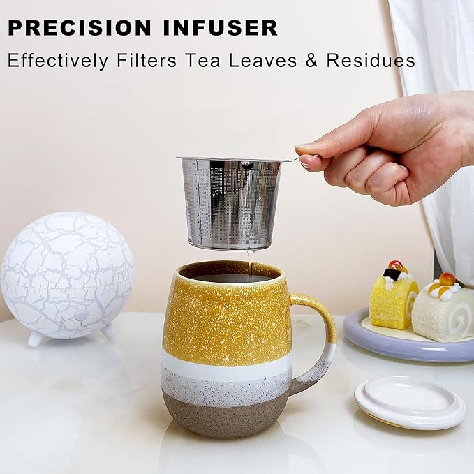 13.5oz Tea Mug with Infuser and Lid, Loose Leaf Tea Cup with Strainer, Porcelain Steeping Teacup, Yellow Infuser Mug for Birthday, Christmas, Thanksgiving, Housewarming Gift