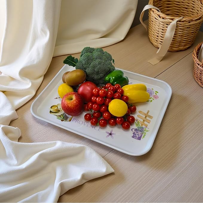 Large Serving Platter Melamine Trays 2 Pack Stackable Food Tray with Floral Print for Gift, Party, Decor, Home, Restaurant (Purple Lavender, Large)