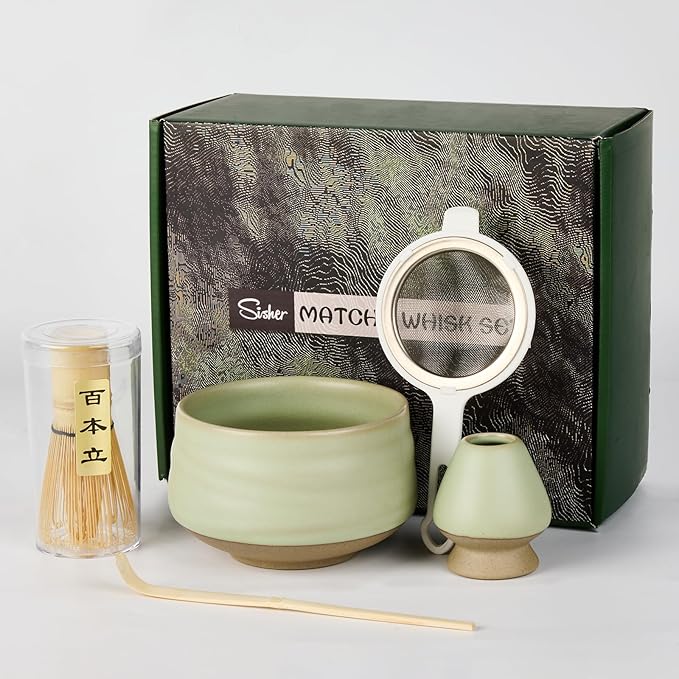 Sisher Matcha Whisk Set,Matcha Set Whisk and Bowl,Japanese Tea Set (5pcs) Includes Matcha Bowl, Matcha Whisk and Holder, Bamboo Scoop, Scoop Rest and Sifter Matcha kit for Matcha Lovers (Green)