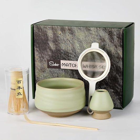Sisher Matcha Whisk Set,Matcha Set Whisk and Bowl,Japanese Tea Set (5pcs) Includes Matcha Bowl, Matcha Whisk and Holder, Bamboo Scoop, Scoop Rest and Sifter Matcha kit for Matcha Lovers (Green)