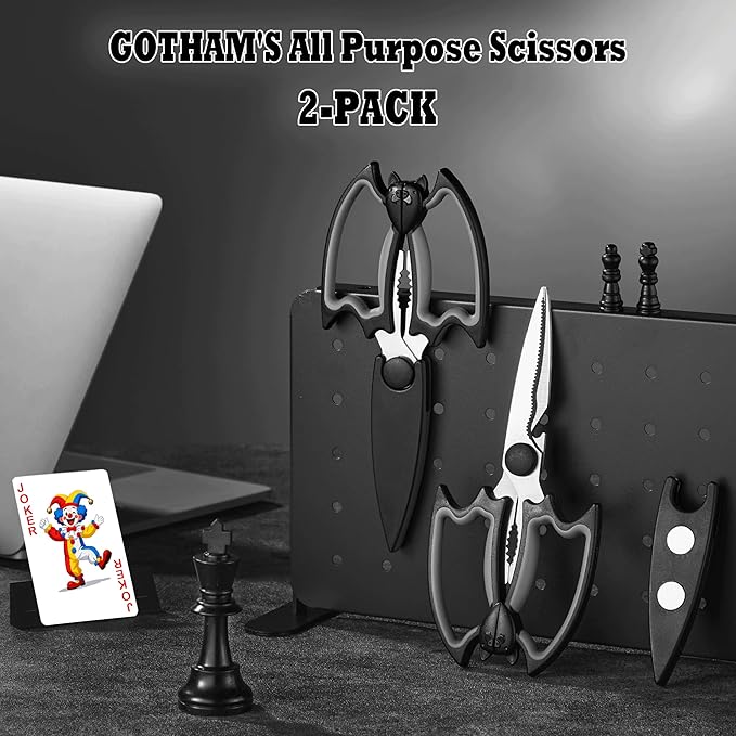 Magnetic Kitchen Scissors All Purpose 2 Pack - Halloween Bat Kitchen Shears - Heavy Duty Stainless Steel Cooking Shears for Cutting Meat, Food, Poultry - Featuring a Magnetic Protective Sheath