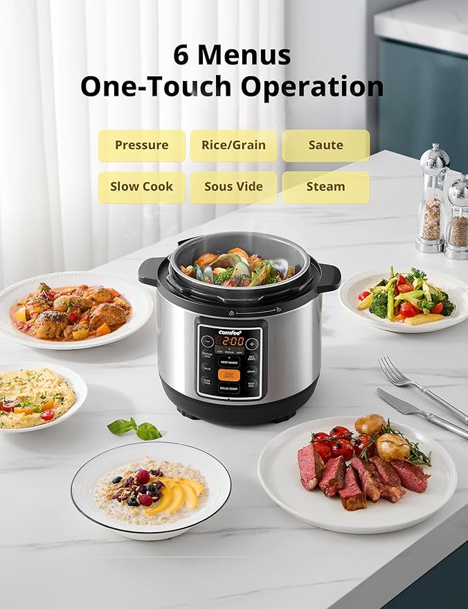 COMFEE’ 7-in-1 Small Electric Pressure Cooker, Slow Cooker, Steamer, Sauté, Sous Vide, Warmer, Multi Cooker with Natural Ceramic Coated Non-Stick Pot, 3 Quarts