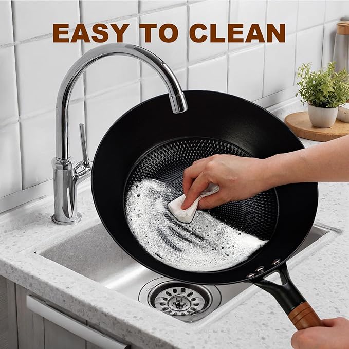 Pre-coated non-stick cast iron wok with wooden handle (no lid), suitable for gas, induction, and electric stoves, easy to use and maintain (12 inches)