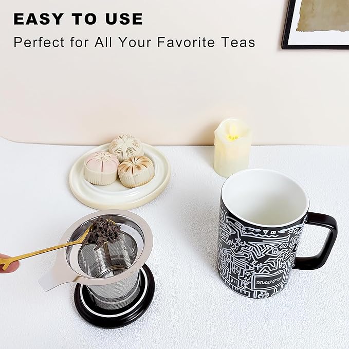 Loose Leaf Tea Cup, Doodle Style Tea Mugs with Infuser and Lid, 14oz Porcelain Steeper Cup, Brewing Teacup with Infuser and Lid, Microwave & Dishwasher Safe, Happy Black