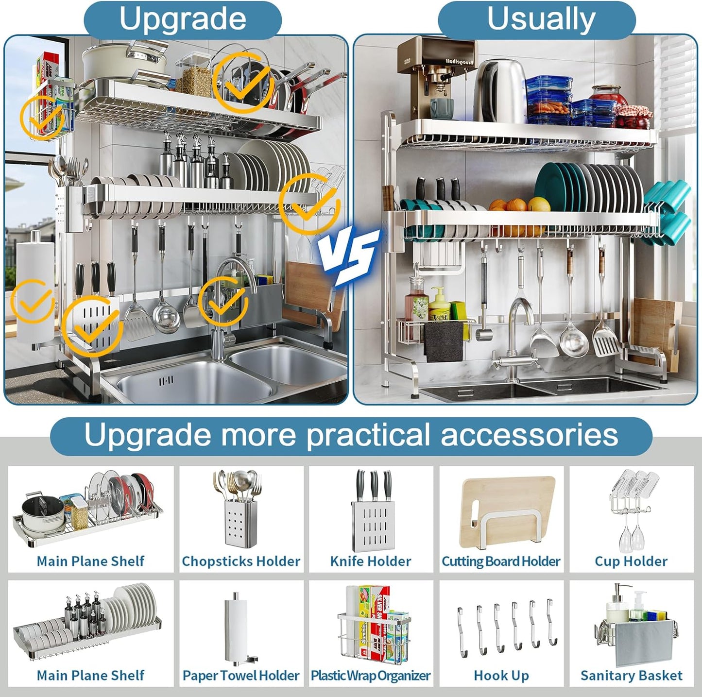 Over The Sink Dish Drying Rack,3 Tier Adjustable Length Full Stainless Steel Large Storage Kitchen Dish Rack,for Kitchen Counter Expandable Multifunctional Organizers,Silver (25.98-37.6")