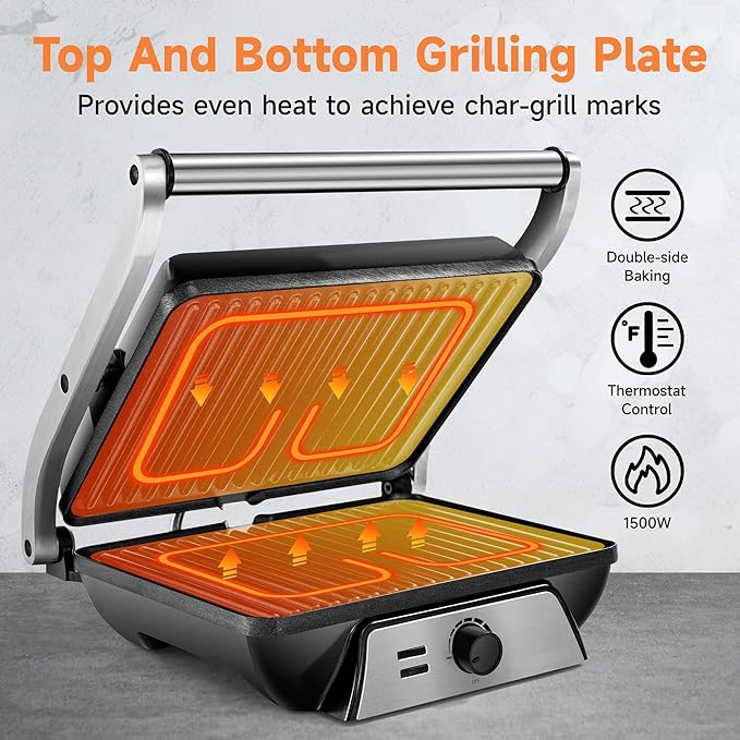 SUSTEAS Panini Press Sandwich Maker and Electric Indoor Grill with Temperature Setting and Grease Tray, Easy Clean Nonstick Grids, Opens 180° to Fit Any Type or Size of Food, 1500W, BBQ, Black