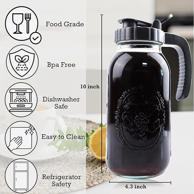 Cold Brew Coffee Maker Half Gallon 2 Set Glass Mason Jar Pitcher With Spout Lid Filter 2 Quart Wide Mouth Iced Tea Brewing Jug Heavy Duty Handle Airtight & Leak-Proof Pitcher For Fridge Sun Tea 64 OZ