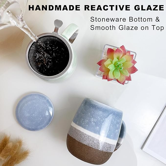 13.5 OZ Reactive Glaze Tea Cup with Infuser and Lid, Porcelain Tea Infuser Mug, Single Brewing Teacups for Loose Leaf, Microwave & Dishwasher Safe, Pale Blue