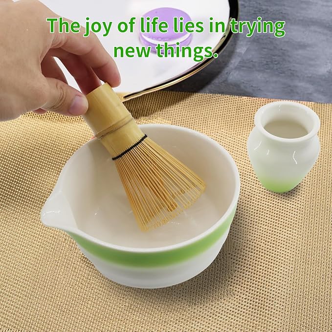 Matcha Whisk Set,7-Pcs Matcha Making Kit with Matcha Bowl,Whisk,Chasen Holder, Sifter, Tea Towel,Measuring Spoon,Bamboo Scoop,Ceremony Matcha Set Lovers Gift (Green)