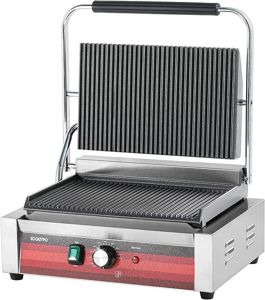 Commercial Panini Press Grill with Grooved Plates Electric Sandwich Maker with Adjustable Temp Control 110V 1700W 14"×9.5" Ribbed Enamel Plates for Breakfast and Hamburger in Home Kitchen