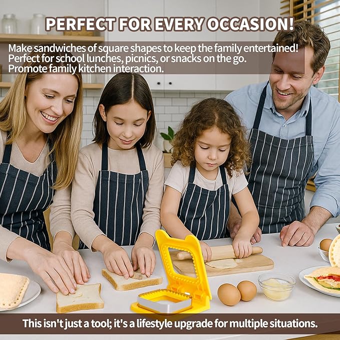 Uncrustable Sandwich Maker Sandwich Cutter and Sealer 2-in-1, Square Crustless Sandwich Maker for Lunch, Picnic, School, Fast Healthy Snacks (Yellow)