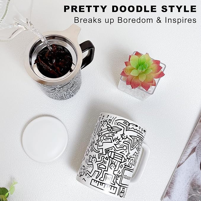Doodle Style Tea Cup with Infuser and Lid, 14oz Tea Infuser Cup Loose Leaf Tea Mug with Strainer, Porcelain Tea Infuser Mug, Steeping Tea Cups for Microwave and Dishwasher Safe, Happy White