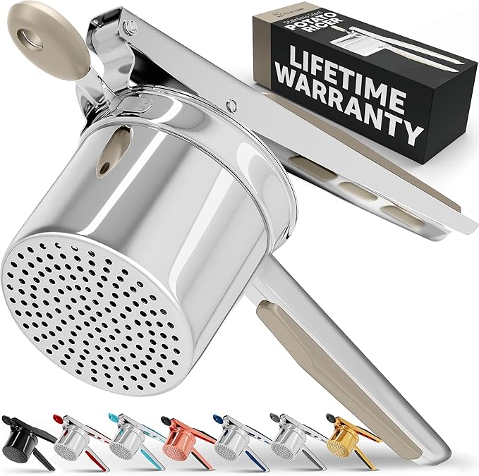 PriorityChef Large 15oz Potato Ricer, Heavy Duty Stainless Steel Potato Masher and Ricer Kitchen Tool, Press and Mash Kitchen Gadget For Perfect Mashed Potatoes - Everytime, Khaki
