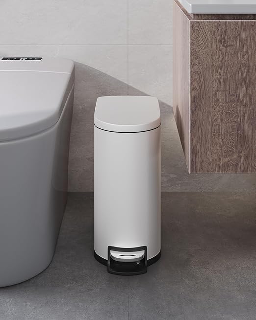 Garvee 13 gal (50 L) and 2.6 gal (10 L) Metal Trash Can Combo Set, Rustproof Garbage Can with Lid, Step-on Trash Bin with Inner Bucket, Rear Handle, White