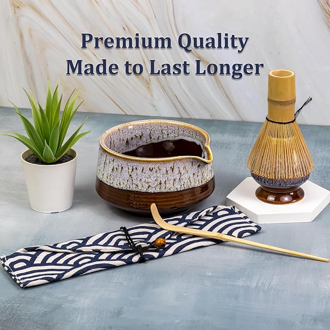 4 Pcs Matcha Whisk Set, Matcha Kit with Bamboo Whisk, Ceramic Spouted Matcha Bowl - Traditional Japanese Tea Set