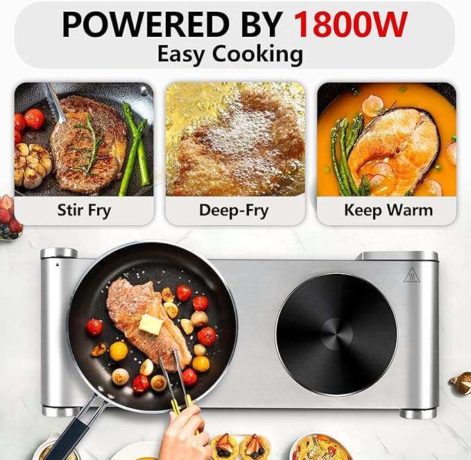 Hot Plate, CUSIMAX Double Burner, Electric Hot Plates for Cooking, 1800watts Portable Countertop Stove, Cast Iron Heating Plates, Used for Camping/Travel Trailers/Dorms, Stainless Steel Cooktop