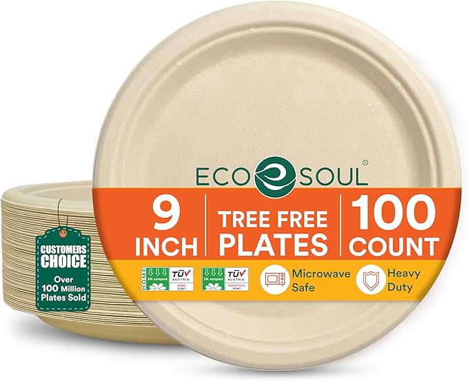 ECO SOUL Compostable 9 Inch(100-Pack) Biodegradable Disposable Paper Plates | Eco-Friendly Dinner, Party, Wedding, Event