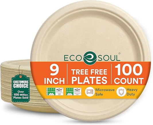 ECO SOUL Compostable 9 Inch(100-Pack) Biodegradable Disposable Paper Plates | Eco-Friendly Dinner, Party, Wedding, Event