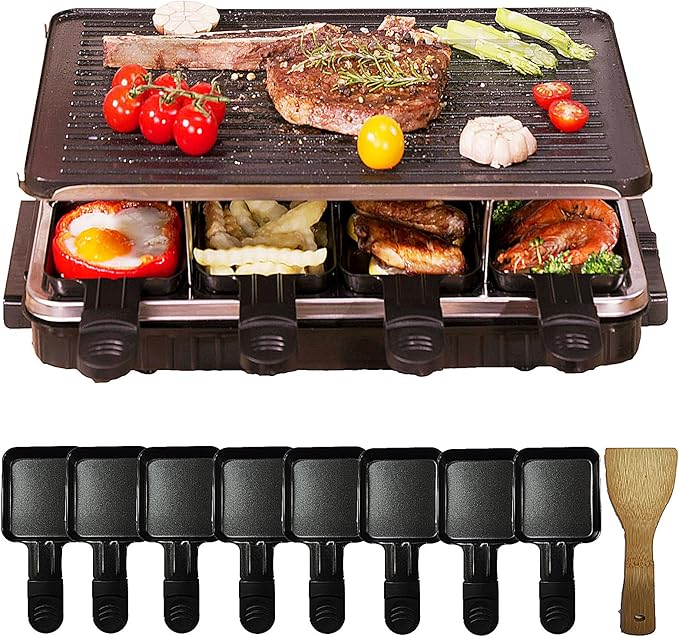 Korean BBQ Grill 2 in 1 Electric Griddle, Nonstick Electric Raclette Grill with 8 Raclette Pans, Adjustable Temperature 1300W,Reversible Smokeless for Indoor Family Party
