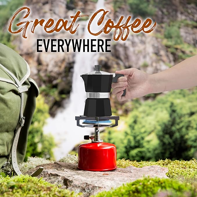 Zulay Moka Pot Espresso Stovetop Coffee Maker - Leak-Proof, Stainless Steel, Easy to Clean, Heat Resistant Handle & Knob - for Authentic Cuban & Italian Style Espresso - Makes 6 Espresso Cups - Black