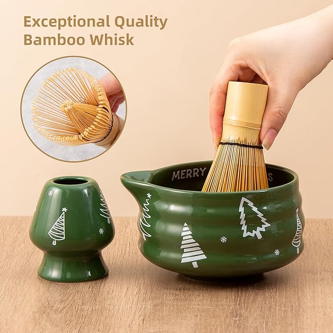 5pcs Premium Matcha Set,Ceramic Bowl with Spout and Bamboo Whisk set, Ceremonical Matcha Kit for breakfast/latte,Tea Starter Making Kit,Unique Matcha Gift set (Christmas Tree)
